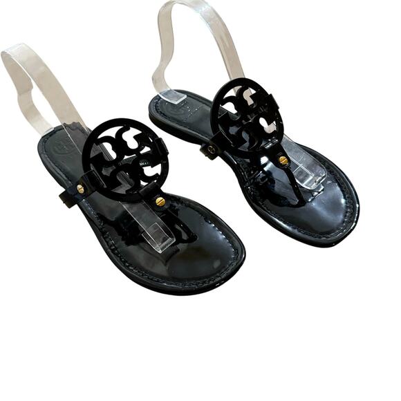 TORY BURCH Black Patent Leather Miller Classic Designer Logo Sandals Size 9.5 - Picture 1 of 8